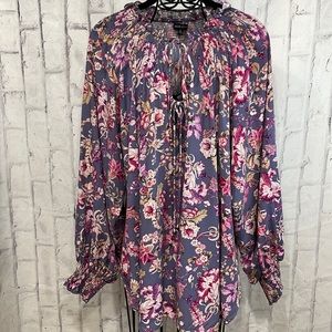 Dear John Blouse Floral Peasant Tie Front Ruffled Collar Smocked Balloon Sleeves